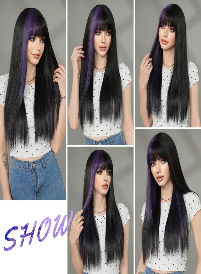 7JHH WIGS Long Straight Purple Highlight Wig with Bangs 27in Natural Heat Resistant Fiber Synthetic Half Black Half Purple Layered Wigs for Women Girls Holiday Chrismas Daily Party Used - Image 4